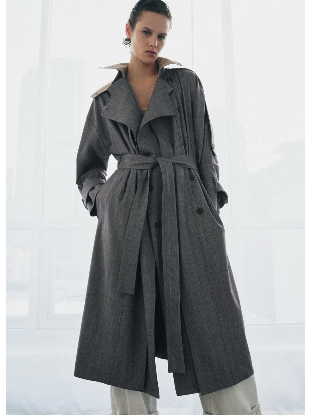 Zara Limited Edition Combined Plaid Trench Grey Trench Coat